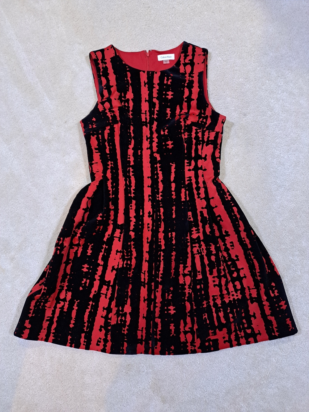 Calvin Klein Red & Black Velvet Burnout Fit & Flare Sleeveless Dress - Size 10